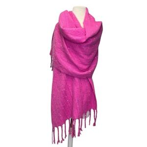Betsey Johnson Hot Pink Winter Scarf Silver Fringe Tweed 22"x75" Boho Festival